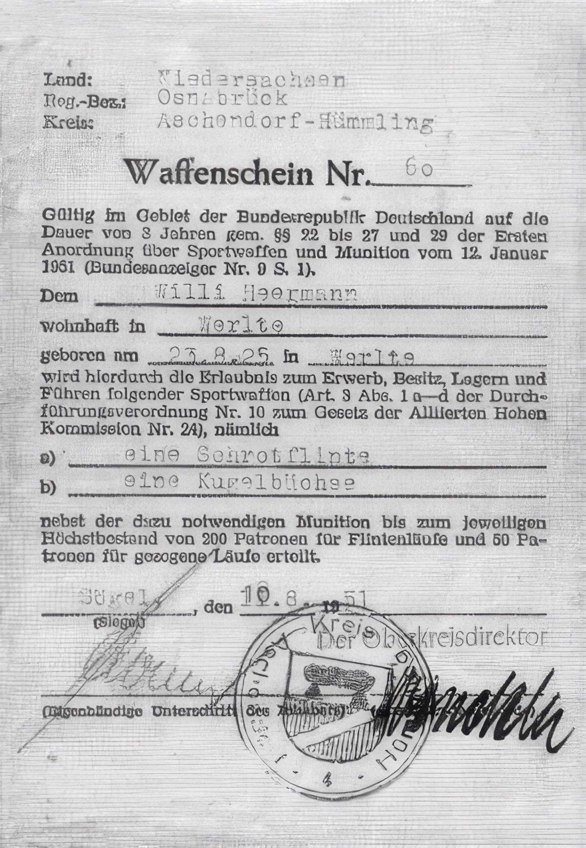 Waffenschein vom 10. August 1951